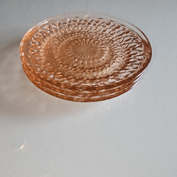 Vintage Pink Depression Glass saucers. Jeanette Buttons and Bows. Set of 3. - Picture 2 of 2